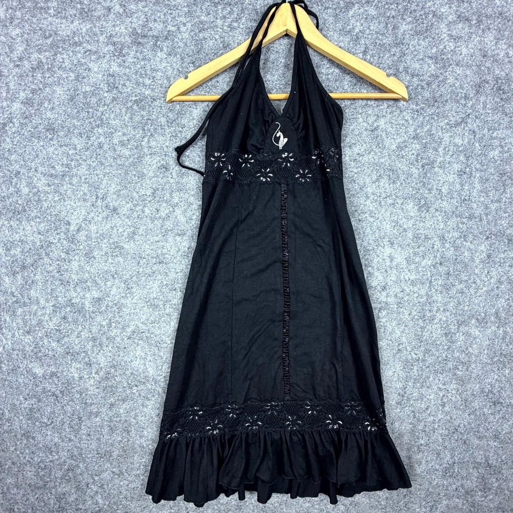 Vintage Y2K Baby Phat Halter Dress Womens M Black Embroidered Lace Babydoll